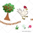 Apple tree vector, hen, rooster, cock, fence, flower, grass