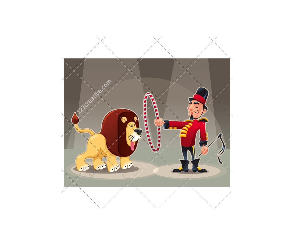Circus illustration - circus vector (lion, tamer, animal, color, character,  artist, cartoon, background) royalty free