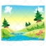 Landscape vector, nature, summer, vegetation, cartoon, fantasy, child background