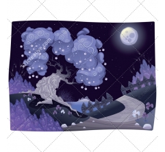 Night illustration with cherry tree