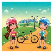 city illustration, town vector, buy vector, meadow vector, girl and boy vector, bike vector, bicycle vector, lamp vector, tree 