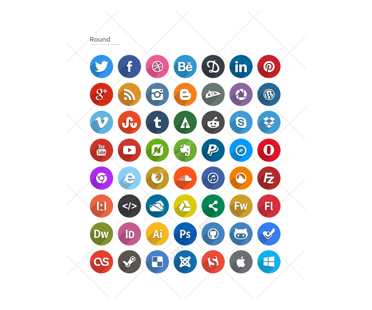 Flat social icons - Long Shadows – buy social media icons, round