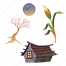 hut vector, corn vector, moon, tree