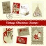 Retro vintage Christmas stamps with sledge, Santa, tree, candle, spray, snowflakes, gifts vectors