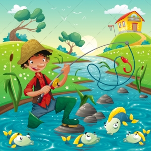 Fishing vector illustration with fisherman and fishes