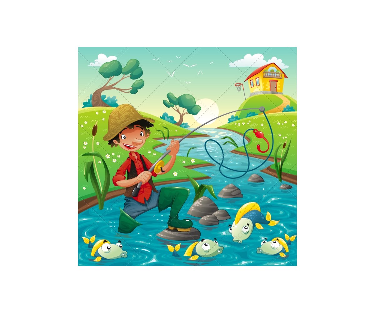 Download Fishing vector illustration with fisherman and fishes ...