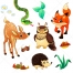 forest animals vector, friendly cartoon animals, doe, hedgehog, fox, owl, snake