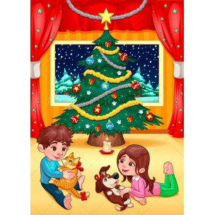 Christmas scene vector illustration - cute children and Christmas tree