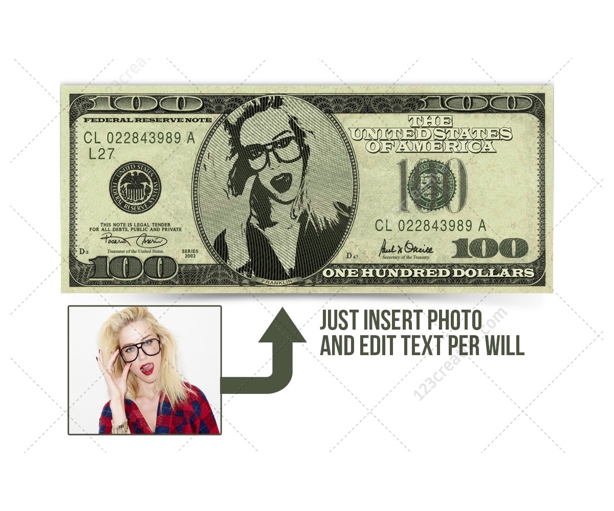 Download Dollar Bill mockup template PSD with editable face photo and text. High resolution Dollar bill ...