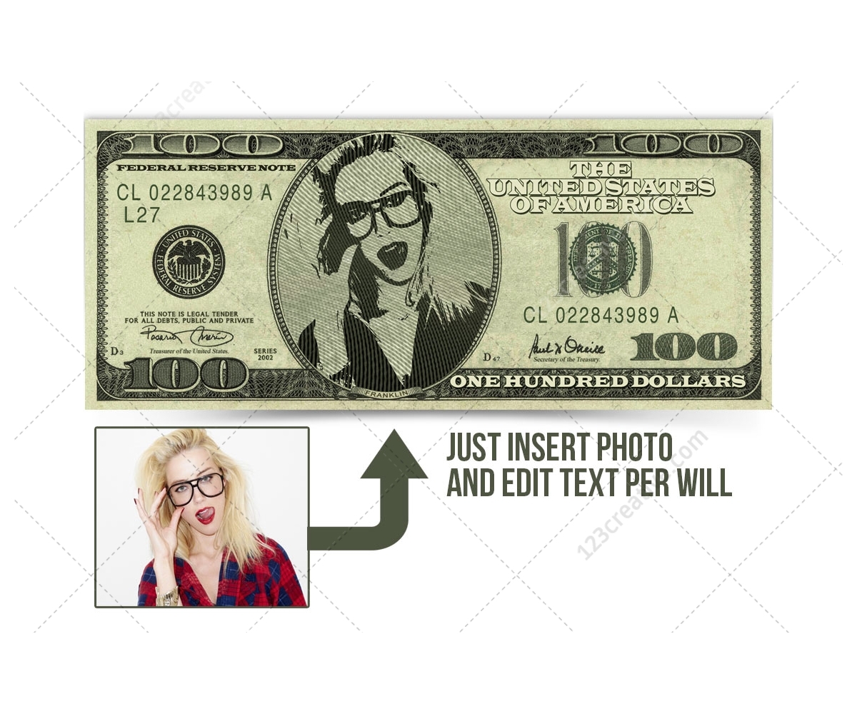 Dollar Bill mockup template PSD with editable face photo ...