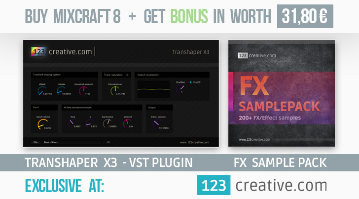 Buy Mixcraft 8 DAW + get bonus Transhaper X3 - VST plug-in and FX sample pack